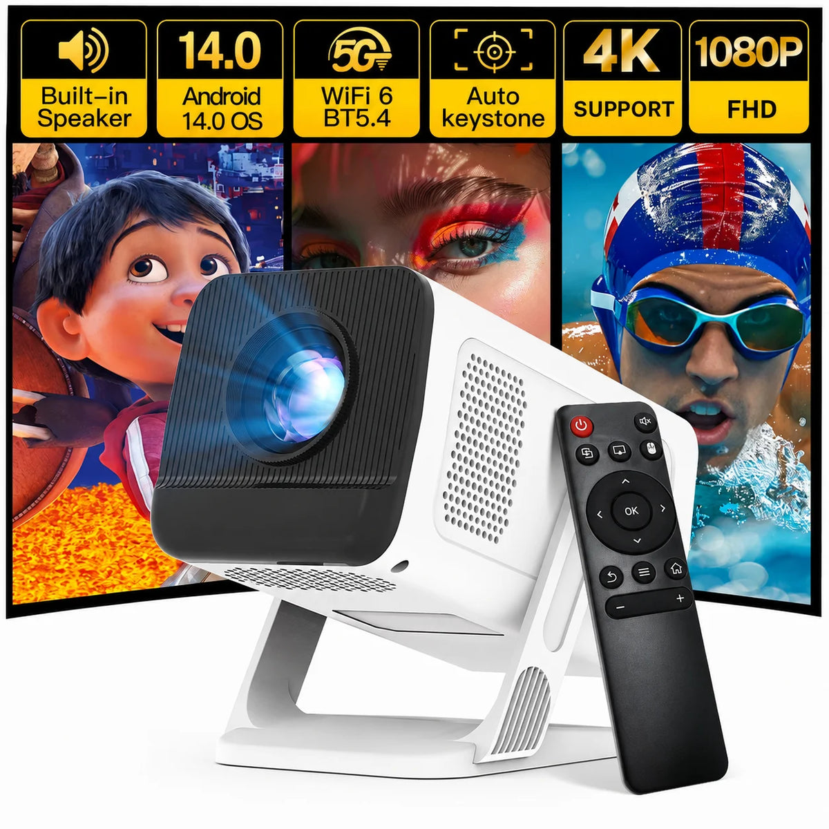 Mini‑projecteur intelligent, résolution native 1080P, décodage 4K, WiFi 6, Bluetooth 5.4, applications intégrées Android