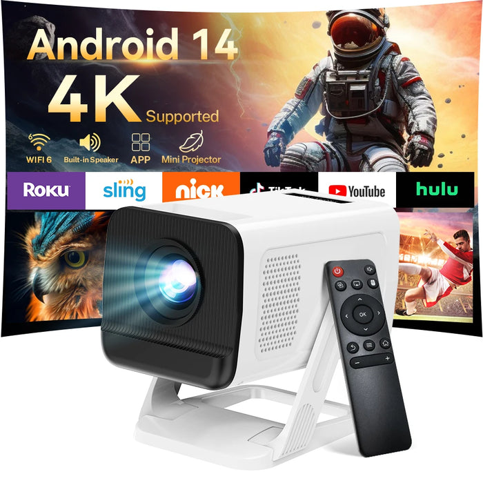 Mini projecteur Wifi6 et BT5.4, 1080P natif, décodage 4K, Android 14, correction automatique de la distorsion trapézoïda