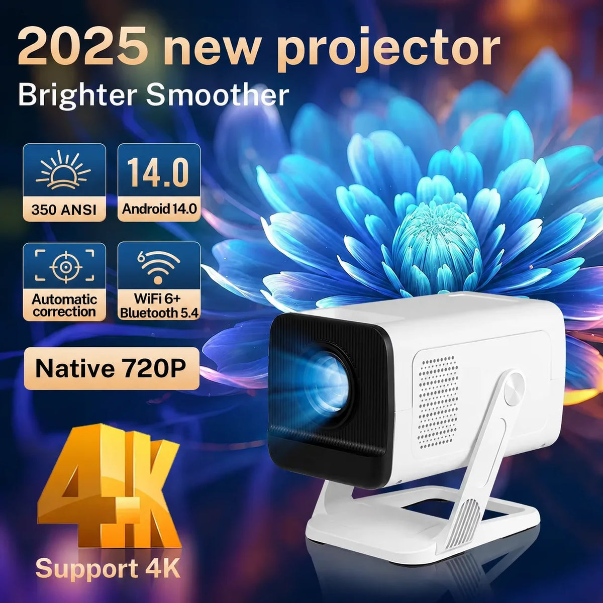 Mini‑projecteur, résolution native 1080P, décodage 4K, WiFi 6 et BT 5.4, Android TV, vidéoprojecteur portable à courte f