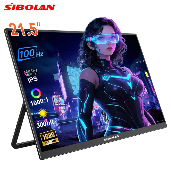 Moniteur portable Sibolan de 21,5 pouces, écran IPS 1080P, 100 Hz, USB-C, HDMI, avec support intégré, extension d'écran