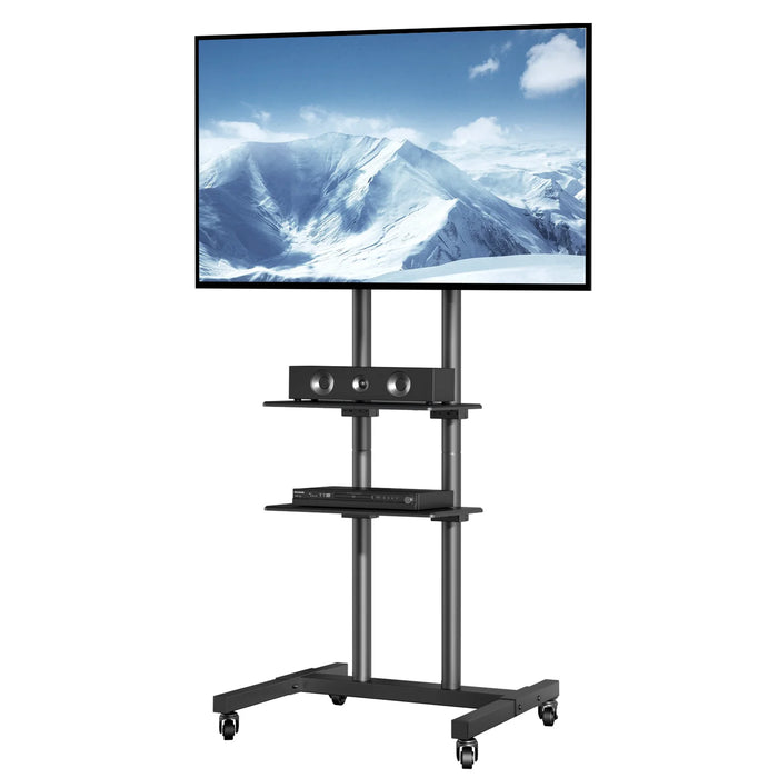 SucceBuy Meuble TV mobile Support TV réglable en hauteur avec roulettes Double plateau pour appareils audiovisuels Meubl
