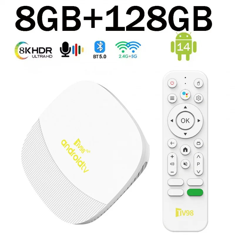 TV98 ATV Max Boîte de TÉLÉVISION 4K Android 14 Wifi6 4G 5G BT Allwinner H313 Lecteur Multimédia 8GB 128GB contrôle Vocal
