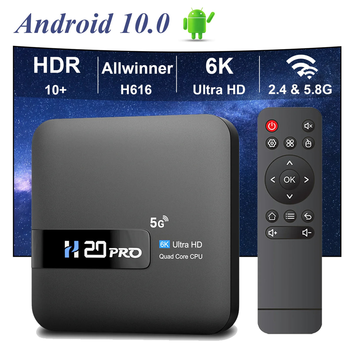 Android TV Boîtier TV H20PRO, Android 10.0, 2 Go/16 Go, WiFi 2.4/5 GHz, 4K, lecteur multimédia 1080p, décodeur, très rap