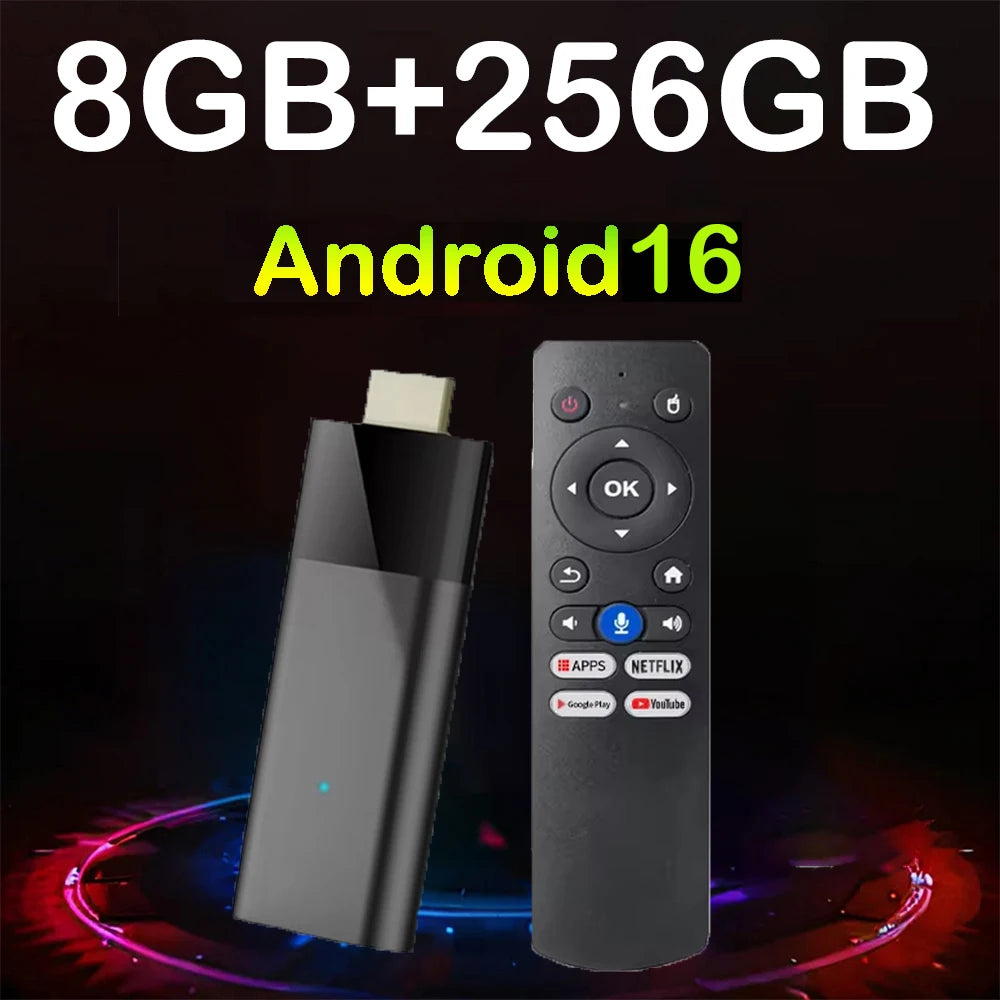 Mini TV Stick 2026 Q12 Android 16 8K 8GB 32GB 128GB 256GB avec télécommande vocale Google Assistant BT6.0 Lecteur multim