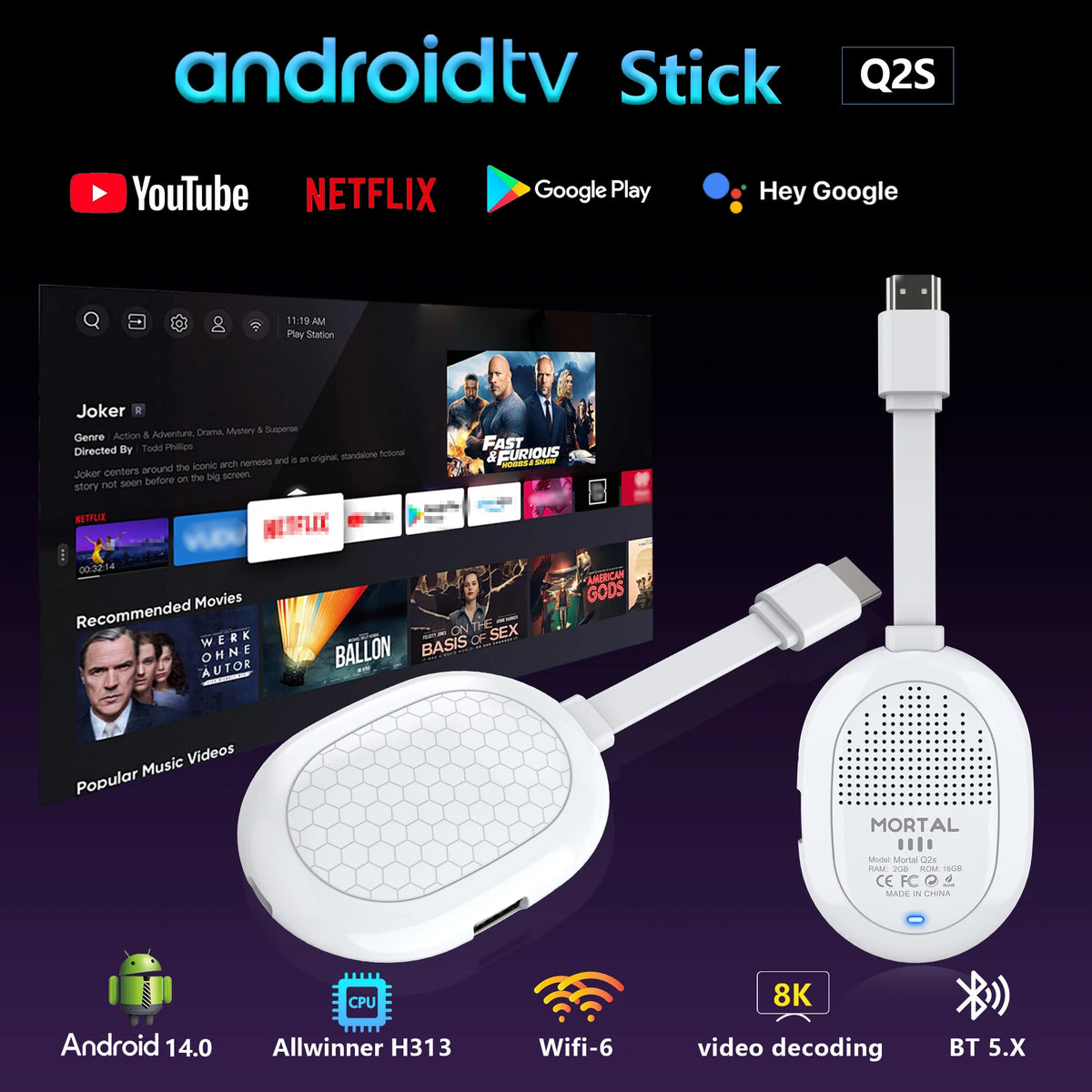 Clé TV Android 14.0 Allwinner H313 Q2S TV BOX Prise en charge de Google Play Youtube Dual 2.4/5 G Wifi 6 BT 5.0 Décodage
