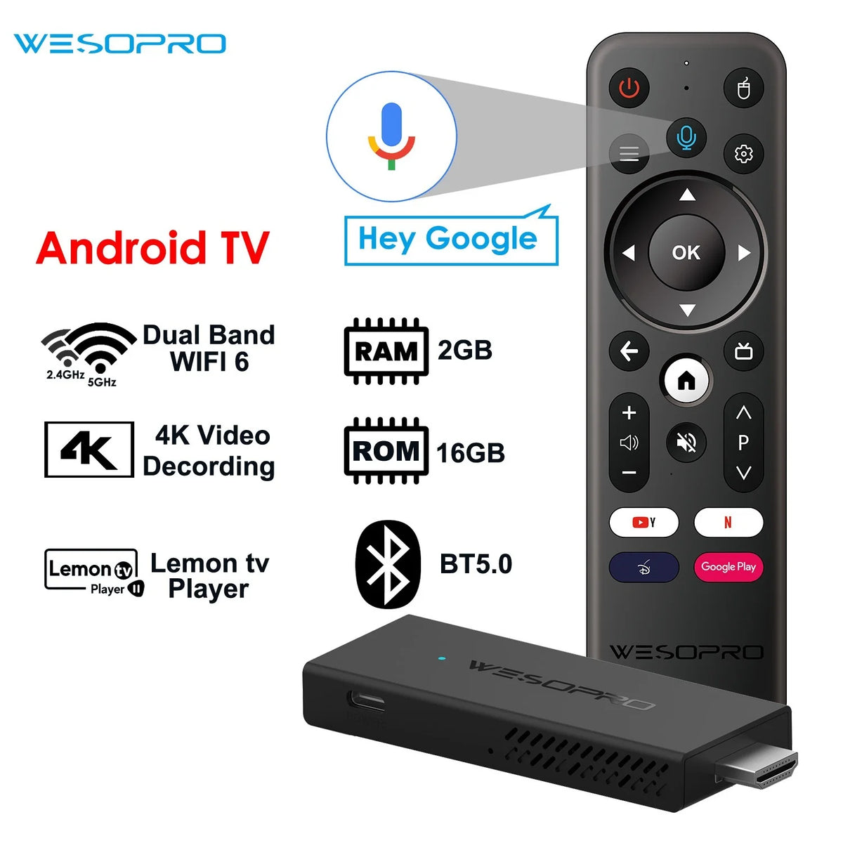 WESOPRO TV Stick G2 Android 12 Smart TV Dongle 2 Go de RAM 16 Go de ROM 2,4 GHz 5,0 GHz Wifi6 BT5.0 H.265 4K 30pfs Lecte
