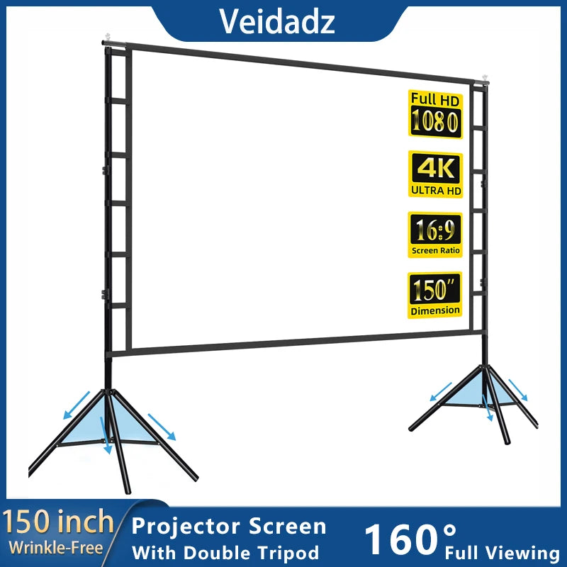 Écran de projecteur VEIDADZ avec support blanc sans plis 160 ° Angle de vision 60-150 pouces, écran double face, cinéma