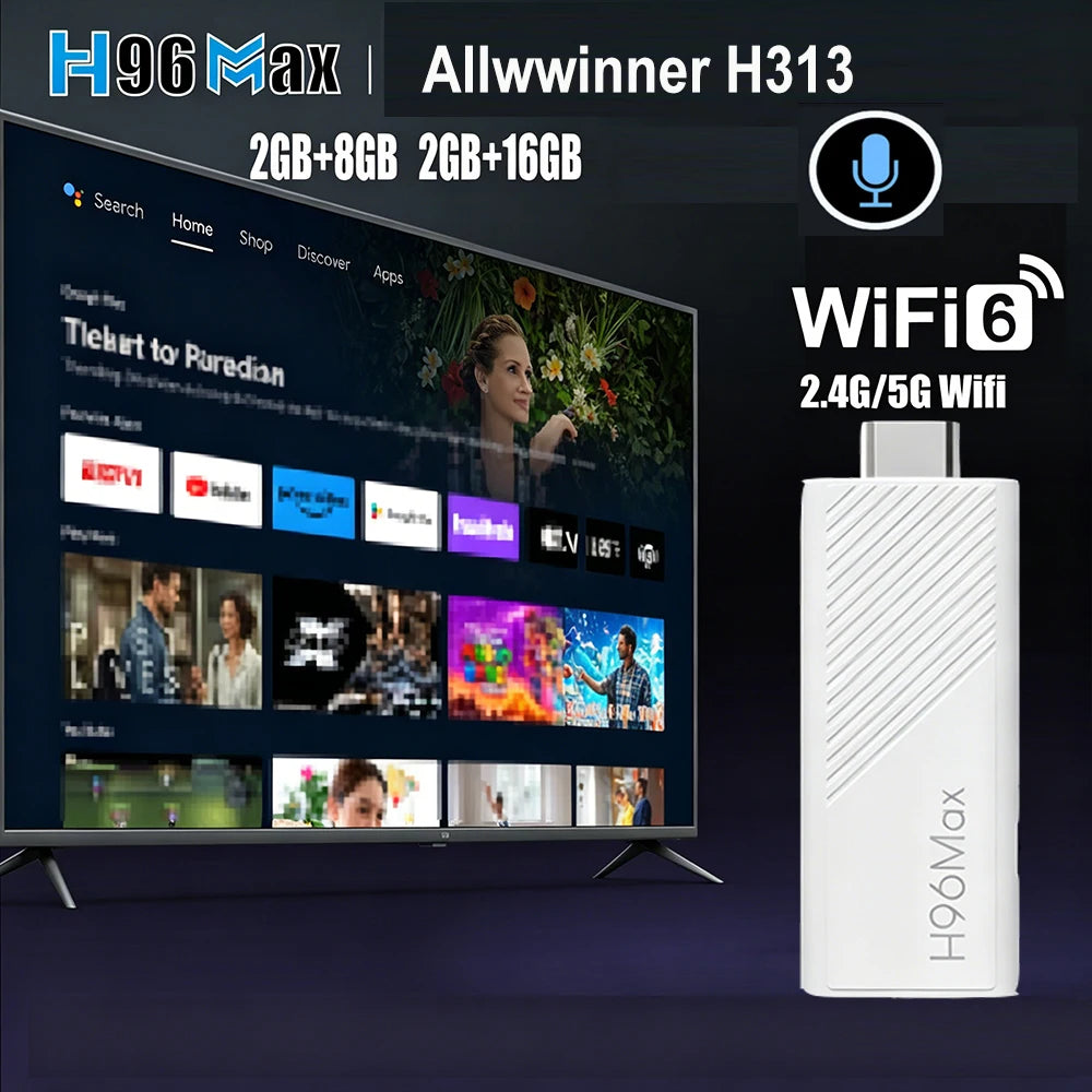 H96 MAX Android TV Stick Allwinner H313 avec Wifi 2.4G 5G Wifi6 double marque 8GB 16GB 4K 3D HDR Goole télécommande voca
