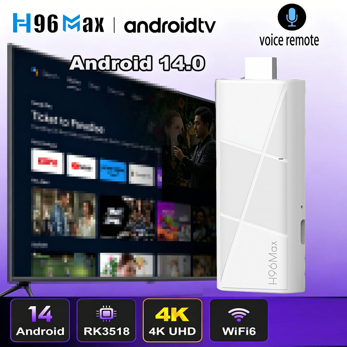 Clé TV Android 14 H96 MAX Rockchip RK3518 avec 4K HDR 2.4G 5G WiFi6 2GB 8GB 16GB Télécommande vocale