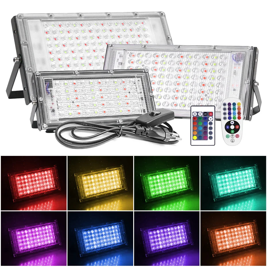 Projecteur LED RGB 220V, 50W 100W 300W, étanche IP65, éclairage d'extérieur, prise ue avec télécommande