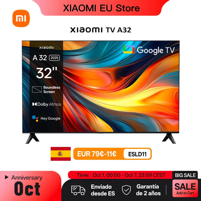 Xiaomi TV A 32, taille compacte avec écran coloré, son dynamique avec audio Dolby ™ , DTS-X et DTS Virtuel : X, Fini mét