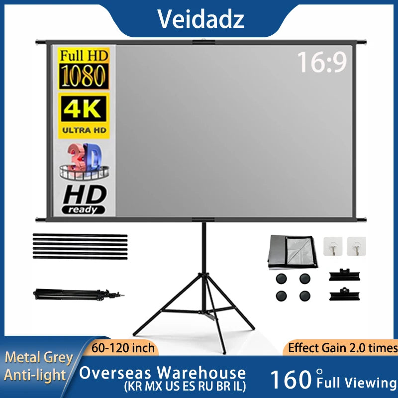 VEIDADZ écran de projecteur avec support métal gris Anti-lumière 60 84 100 120 pouces pour Home cinéma support extérieur