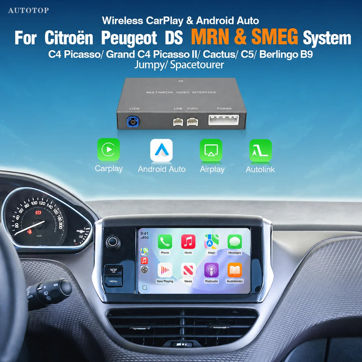 Module AUTOTOP Carplay et Android Auto sans fil pour Citroën C4 C5 Peugeot 208 308 508 3008 DS3 DS4 DS5 SMEG Airplay Mir