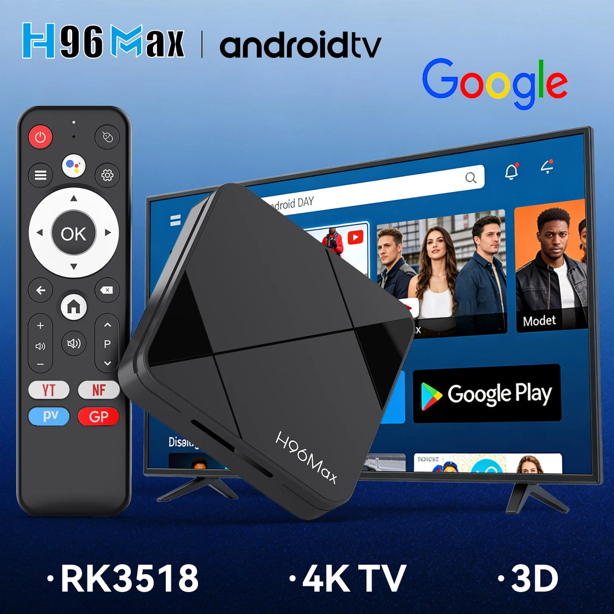 Boîtier Smart TV H96 MAX RK3518 Android 14 4K 8/16 Go 100M Quad Core WiFi 6 BT5.4 Lecteur Multimédia Intelligent avec Co