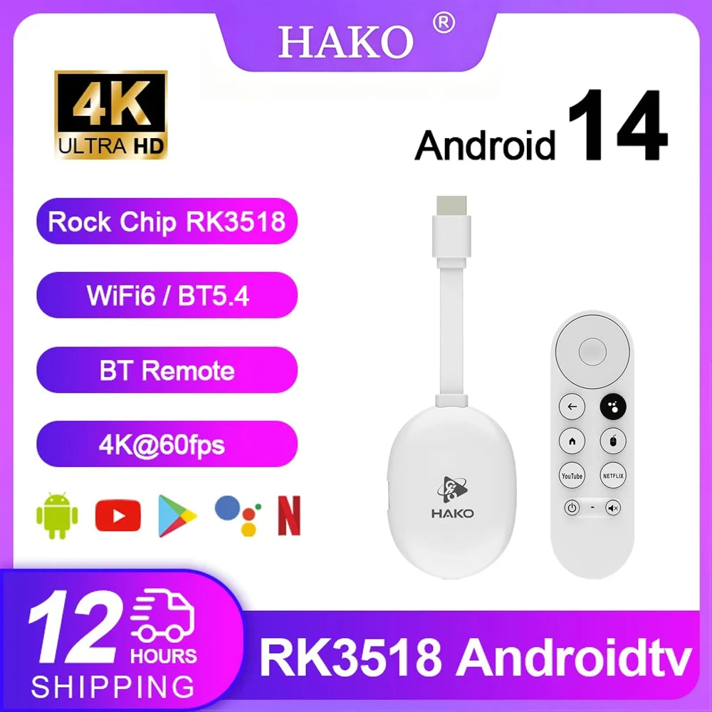H96 MAX RK3518D2 Mini stick TV intelligent Android 14 Wifi 6 BT 5.4 4K Quad-Core Ethernet Lecteur multimédia avec Assist