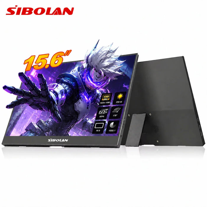 Moniteur portable Sibolan 15,6 pouces, FHD 1080P, 100 % SRGB, HDMI, Type-C, avec support intégré, extension d'écran pour