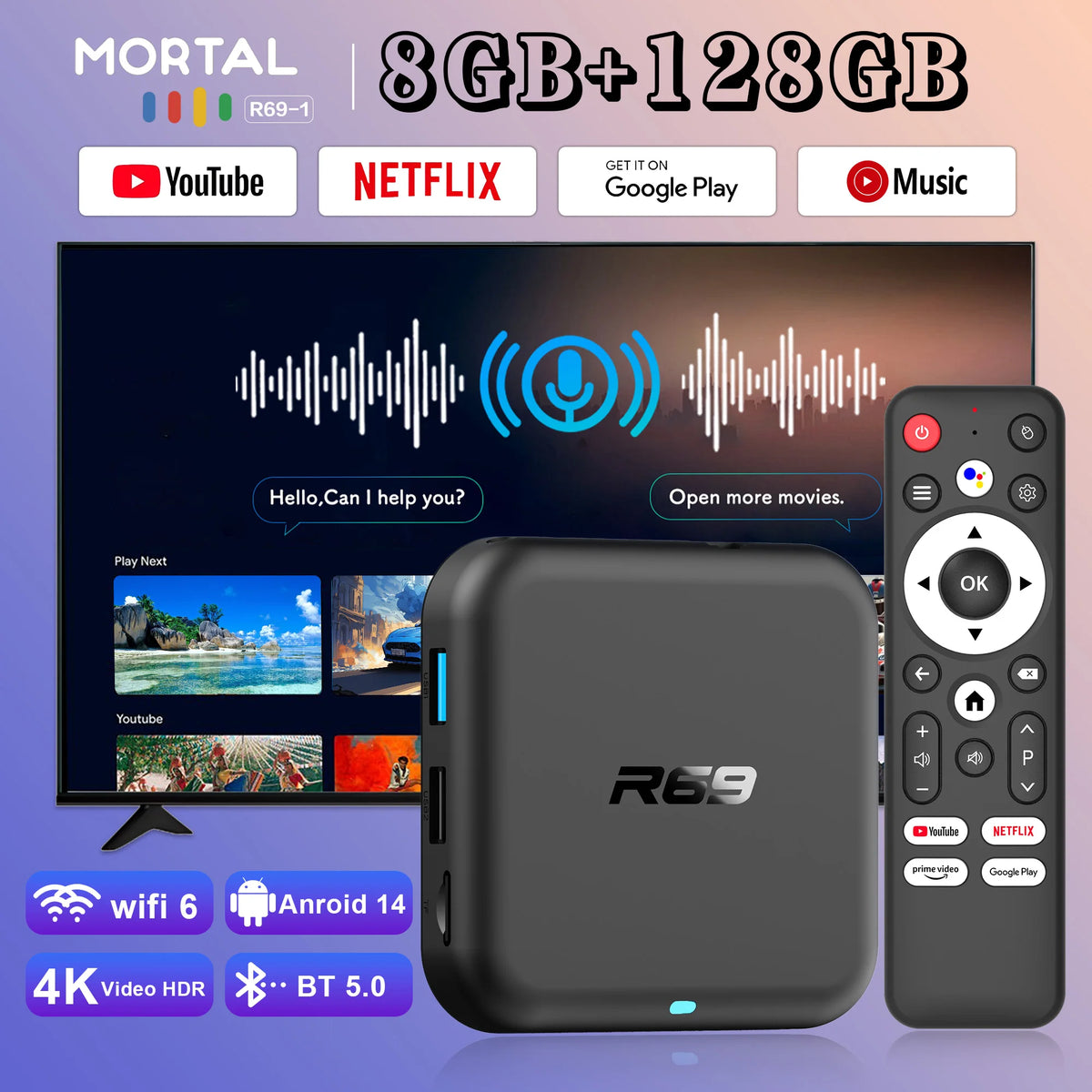 2025 nouveau boîtier TV mondial Android 14.0 R69-1 prise en charge 4K RK3518 Bluetooth 5.0 WIFI 6 RAM 8GB ROM 128GB boît