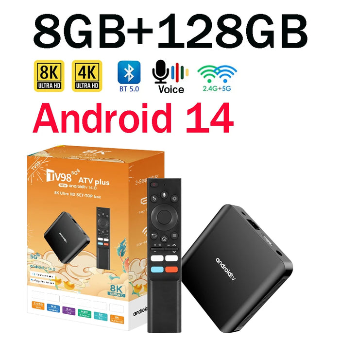 Boîtier TV TV98 ATV Plus 8GB 128GB Android14 Allwinner H313 Quad Core 4G 5G Wifi Dual BT5.0 Contrôle vocal intelligent H