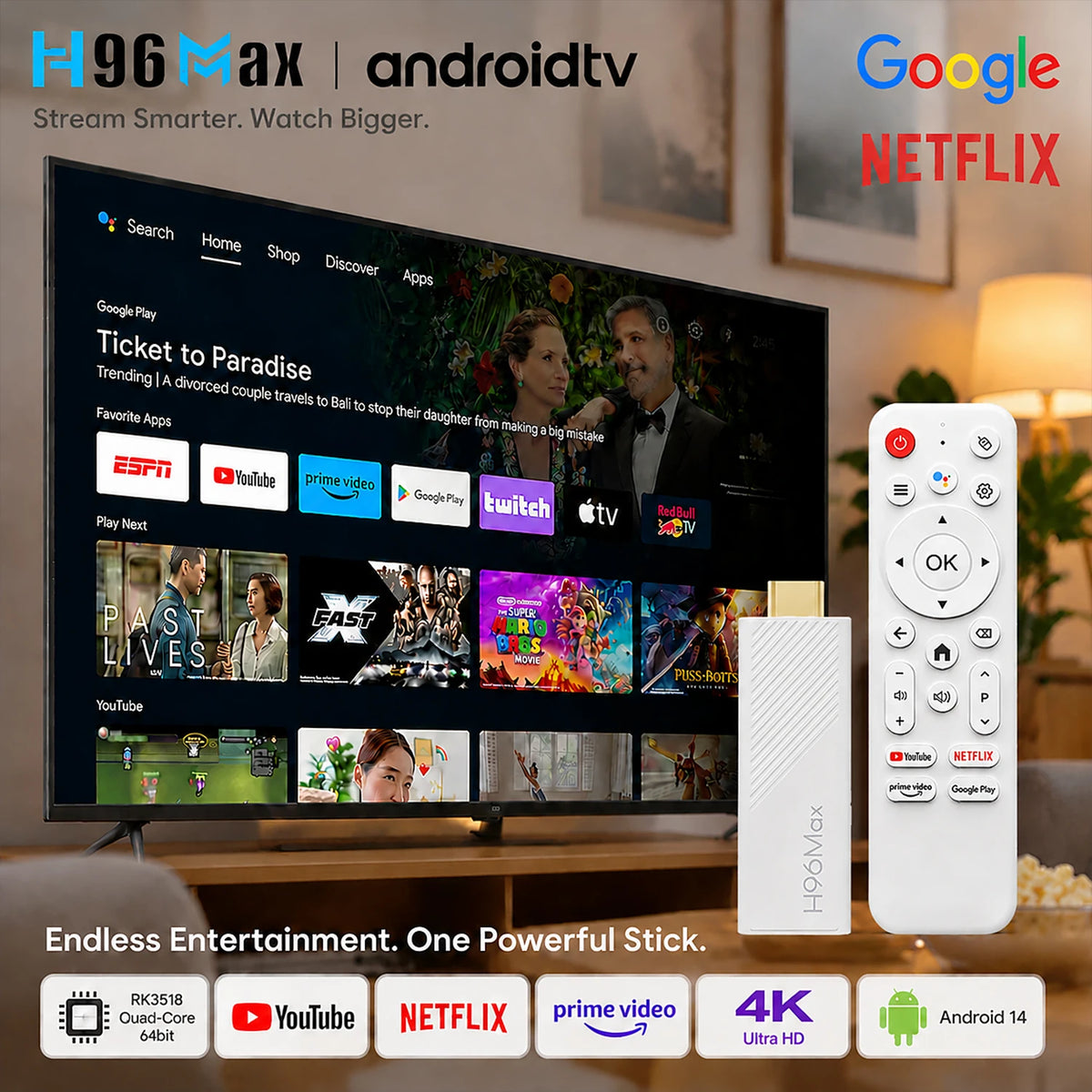 H96Max RK3518 TV Stick Android14 Quad Core BT5.4 4K@60fps 2.4G\u00265G Wifi6 2GB 16GB Google Voice Assistant Media Playe