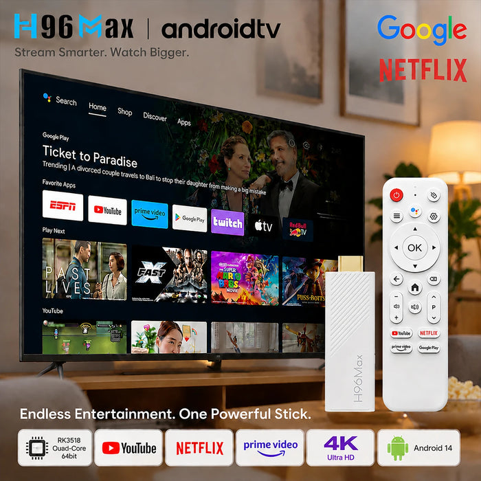H96Max RK3518 TV Stick Android14 Quad Core BT5.4 4K@60fps 2.4G\u00265G Wifi6 2GB 16GB Google Voice Assistant Media Playe