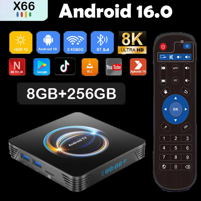 Android 16 Smart TV Box X66 8GB + 256GB Rockchip RK3528 Google Assistant 8K vidéo Bluetooth5.4 lecteur multimédia décode