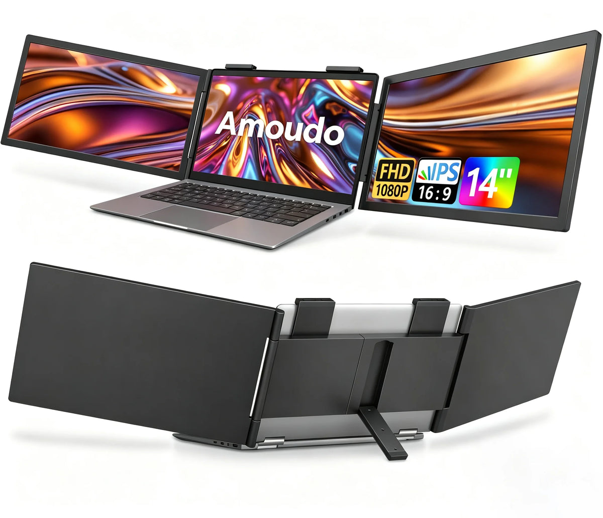 Moniteur portable triple Amoudo 14 pouces 1920*1080P 60HZ IPS avec port USB-C pour ordinateurs portables de 14 à 16,5 po