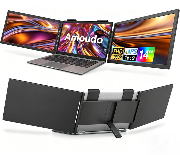 Moniteur portable triple Amoudo 14 pouces 1920*1080P 60HZ IPS avec port USB-C pour ordinateurs portables de 14 à 16,5 po